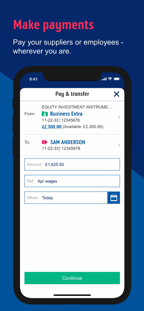 Uma tela de smartphone exibindo a interface de pagamento do aplicativo Bank of Scotland Business para salários.