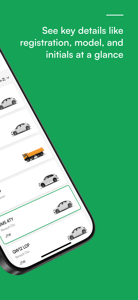 Quartix Check - Captura de pantalla de la aplicación Quartix Check que muestra una lista de vehículos de la flota con detalles de registro y modelo de un vistazo
