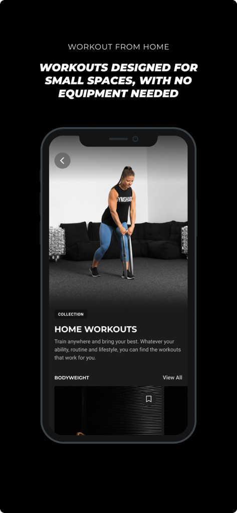 Screenshot of the Gymshark Training app highlighting home workouts for small spaces and bodyweight exercises.
