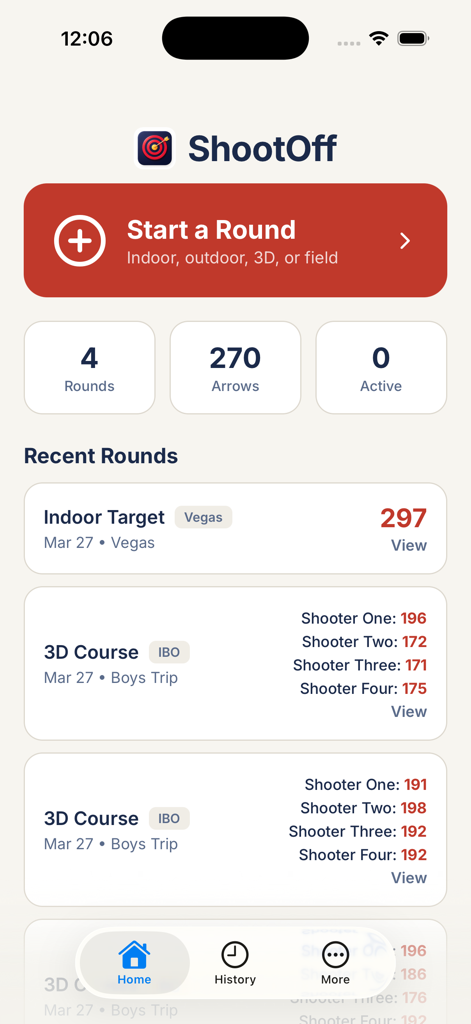ShootOff Archery - ShootOff Archery app dashboard showing recent round scores for indoor target and 3D courses