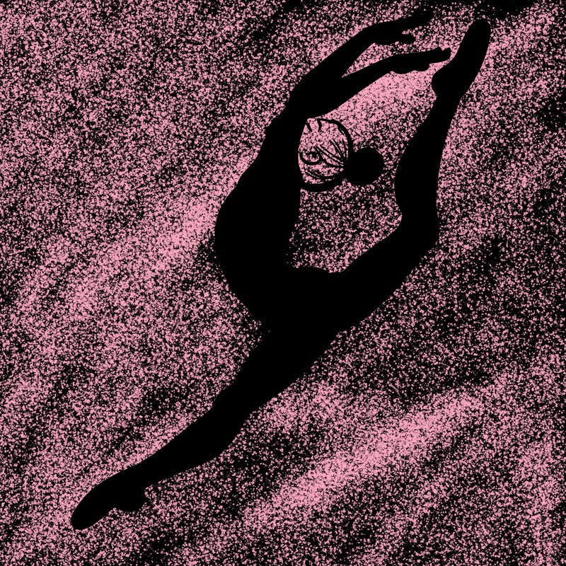 gymnast doing a leap in a leotard with a bent back leg