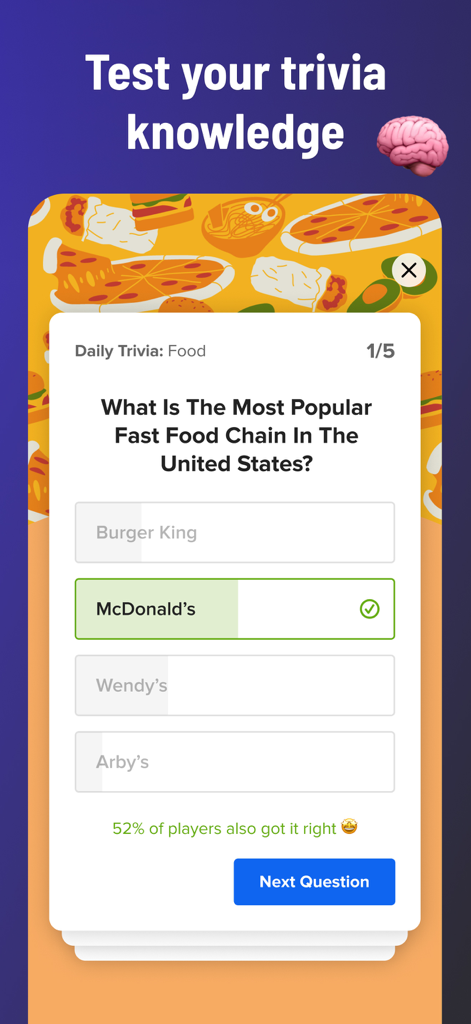 A BuzzFeed app screen showing a daily food trivia question about the most popular fast food chain in the United States