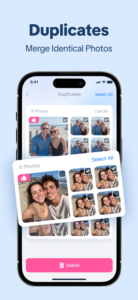 AI Storage Cleaner：Free Up - Interfaz de la aplicación Limpiador de Almacenamiento IA mostrando agrupación de fotos duplicadas y similares con un botón de eliminar de un toque