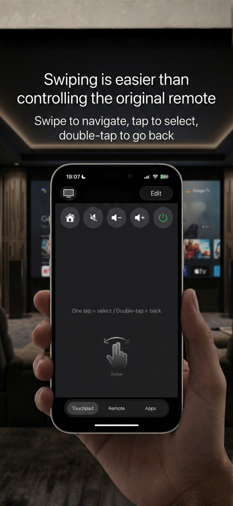 Remote control GTV ATV - Tela do iPhone exibindo uma interface de touchpad para controlar GTV e ATV com gestos de deslizar