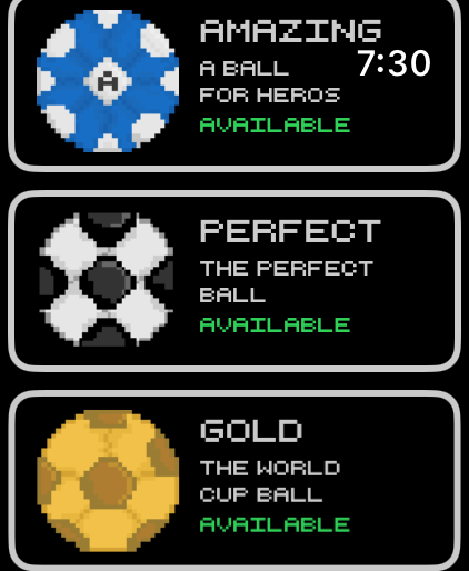 Apple Watch Menü mit verschiedenen Fußball-Designs wie Amazing Perfect und Gold Skins