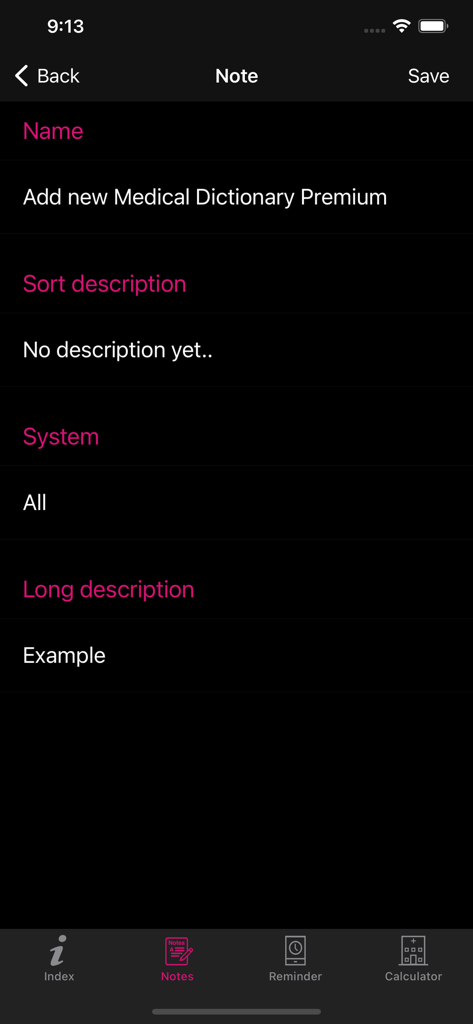 Tela de criação de notas no aplicativo Medical Dictionary Premium mostrando campos para Nome e descrição.