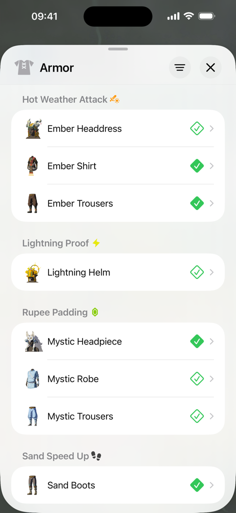 TotK Travel Guide - Armor tracking screen in the TotK Travel Guide app displaying armor sets like Ember and Mystic with completion checkmarks