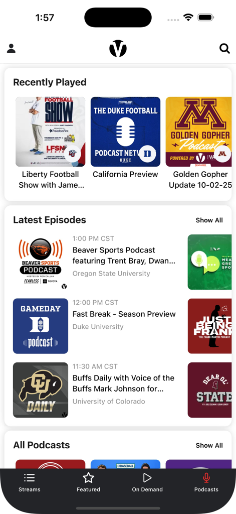 Varsity Network - The Varsity Network app podcast screen featuring collegiate sports audio programs and latest episodes