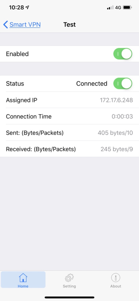 Smart-VPN app screen displaying active connection status, assigned IP address, and data transfer metrics