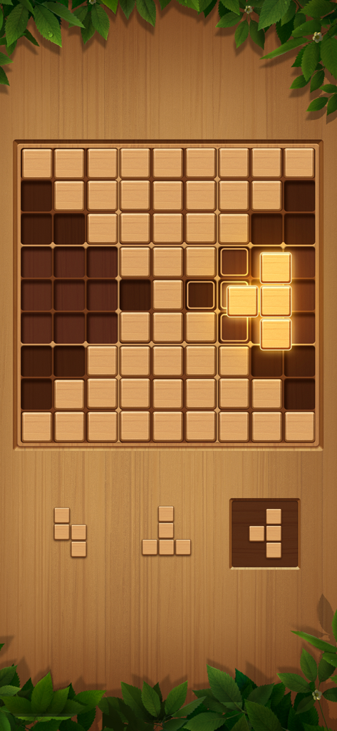 Block Puzzle-Wood Sudoku Game - A wooden block puzzle game interface showing a T-shaped piece being placed on a 9x9 grid