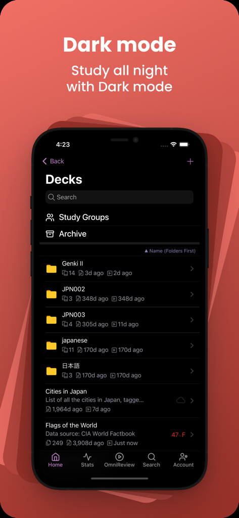 AlgoApp Flashcards - AlgoApp Flashcards deck management screen featuring a dark mode interface for night study.