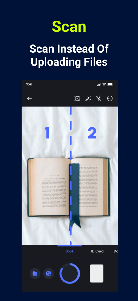 ChatPDF AI: Scan & Summarize - Interface of ChatPDF AI app scanning a physical book with automatic page detection