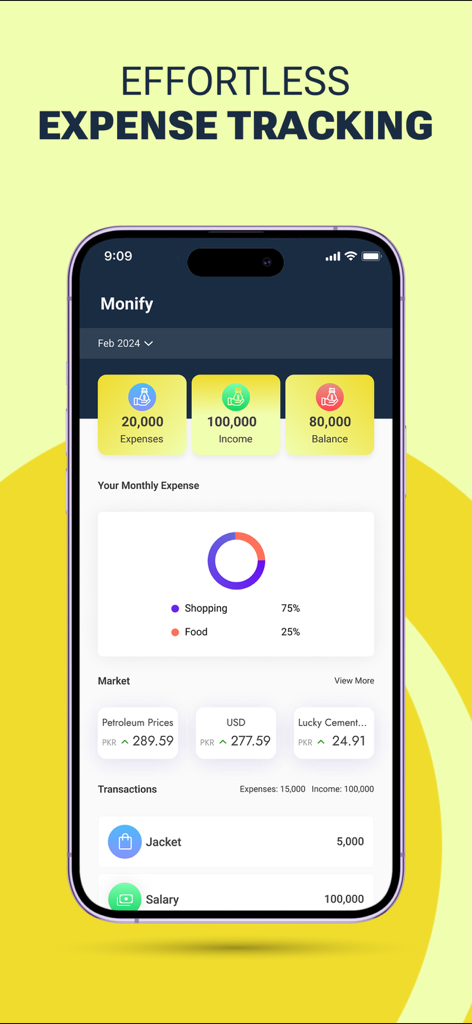 Monify app interface showing expense tracking income balance and monthly spending charts