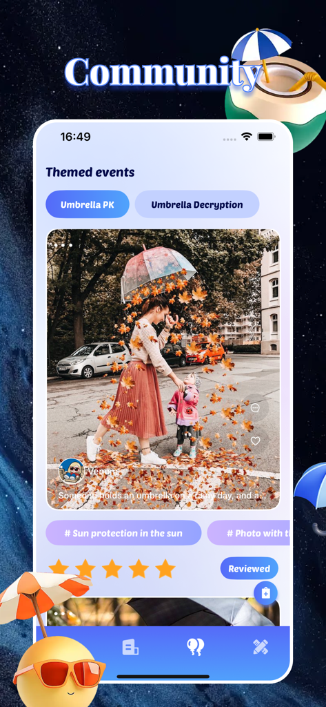 Palmo - Adult Connect, Share - Palmoアプリのコミュニティ画面には、テーマ別のイベントと、傘の下に子供といる女性の写真がソーシャルフィードに表示されています。