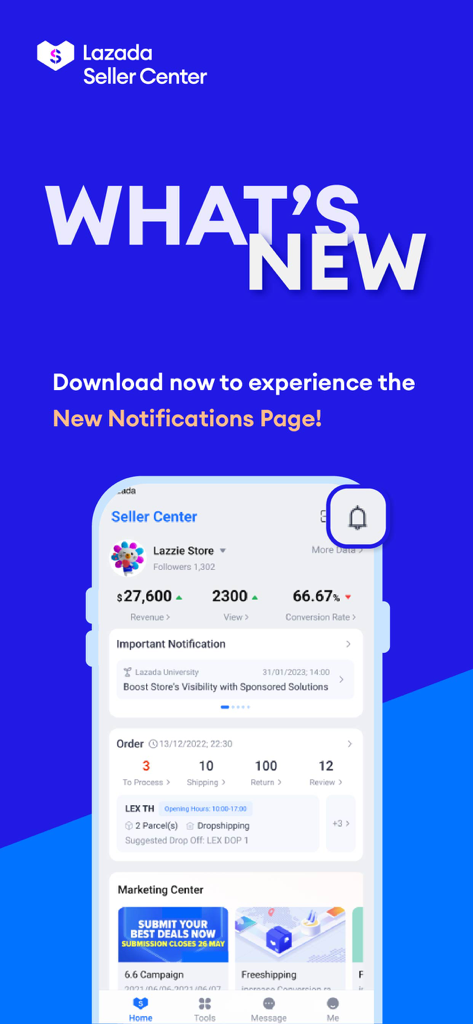 Lazada Seller Center - Uma captura de tela promocional do aplicativo Lazada Seller Center destacando a nova página de notificações e um painel com métricas de vendas e status de pedidos.