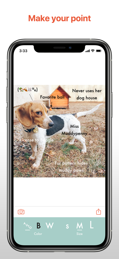 This: Easy Photo Labels - A smartphone screenshot of the This app showing a photo of a beagle dog with several elegant text labels and pointers highlighting different features.