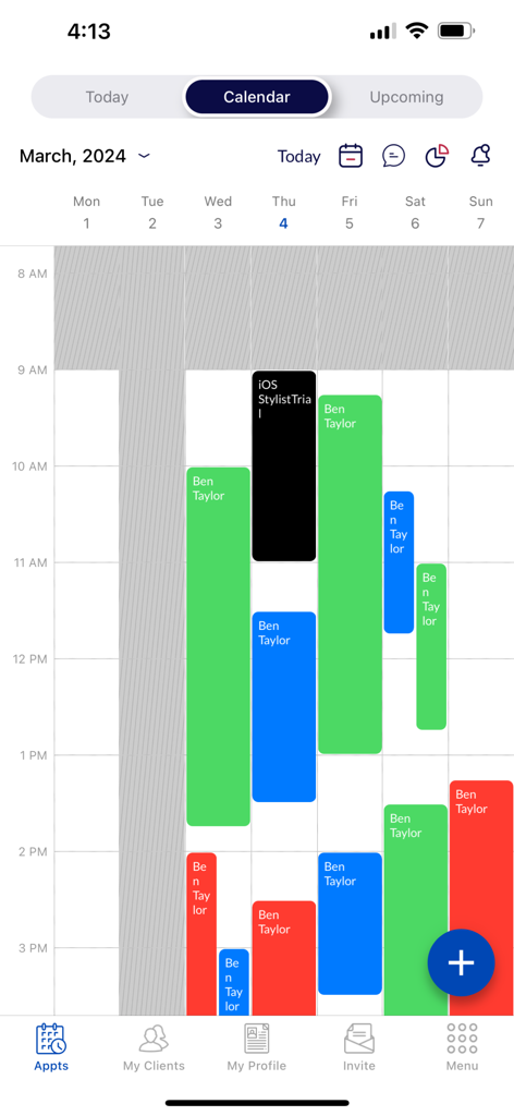 Ring My Loctician: Booking App - A weekly calendar view within the Ring My Loctician app showing color coded hair appointment slots and scheduling features