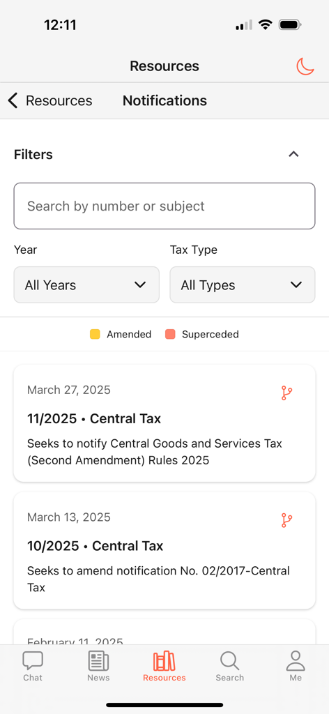 GST Press - Mobile screen of GST Press app showing filtered Central Tax notifications for professional tax compliance