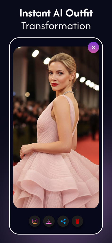 AI Photo Editor : PhotoFactory - Una mujer con un elegante vestido rosa demostrando la función de transformación de atuendos IA.