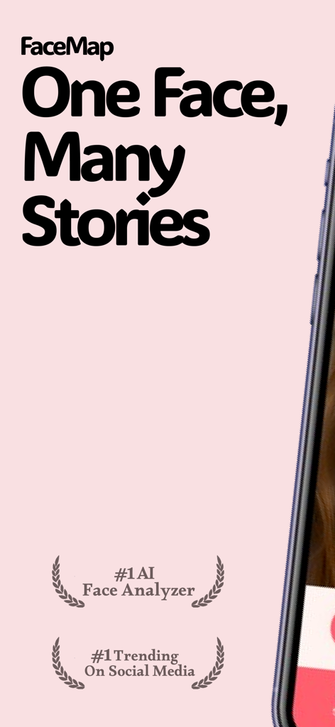 FaceMap: AI Face Comparison - Écran promotionnel de l'application FaceMap avec le texte One Face Many Stories et les badges du premier analyseur de visage IA et du statut tendance des médias sociaux