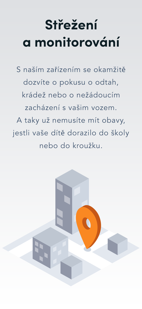 GlobalSec - An orange location pin on a stylized city map representing real-time monitoring of vehicles and children.