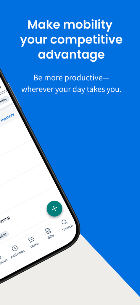 Clio for Law Firms and Lawyers - Captura de tela do aplicativo Clio para escritórios de advocacia com mensagens sobre mobilidade e produtividade para advogados