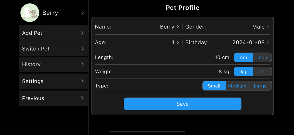 Interfaz de usuario de la aplicación Berry Pet Health mostrando la pantalla de configuración del perfil de mascota con campos para nombre, edad, peso y tamaño.