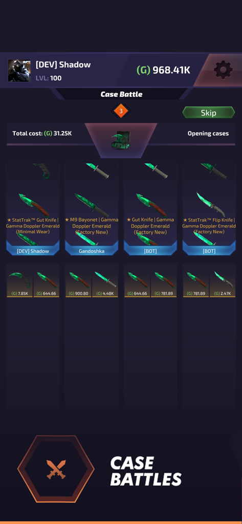 Case Battle - Skins Simulator - A simulation of a multiplayer case battle where players unbox rare emerald knife skins