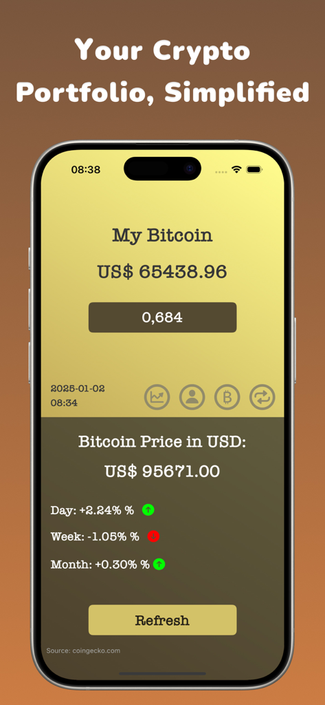 My Crypto - Widget & Chart - A screenshot of the My Crypto app showing a simplified Bitcoin portfolio summary with price and percentage changes
