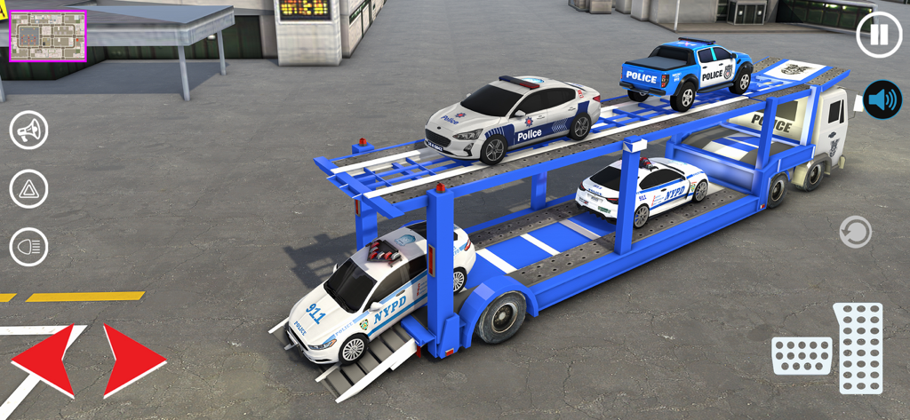 US Police Car Transporter Game - Un camión transportador de policía azul cargado con coches patrulla y SUVs en un juego de simulación 3D