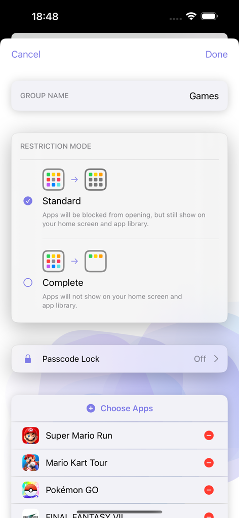 Interface of the Cape app showing restriction modes for a group of gaming apps