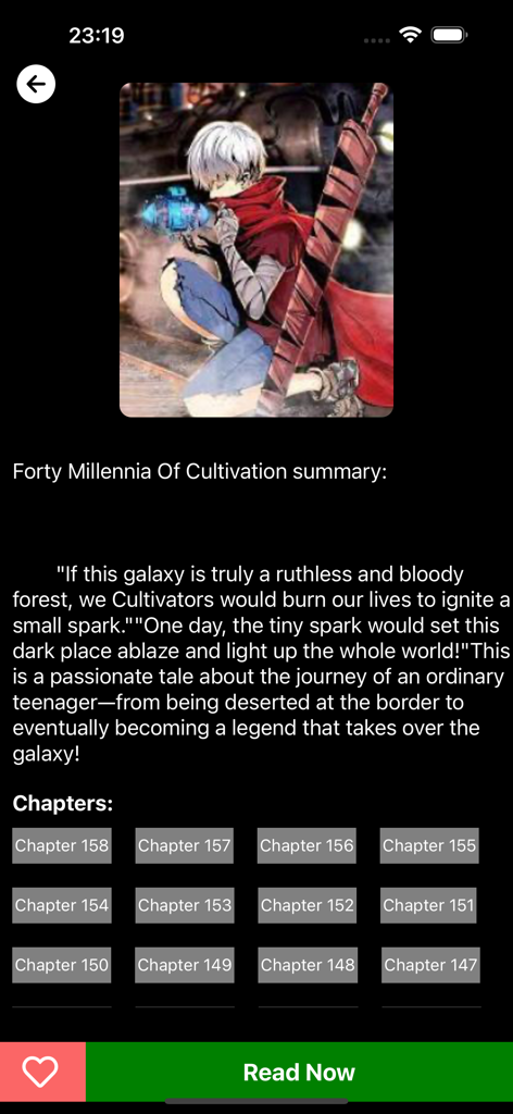 Écran de l'application Manga Fire montrant le résumé et la liste des chapitres de Forty Millennia Of Cultivation.