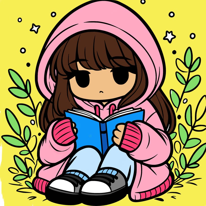 girl in oversized hoodie reading a book