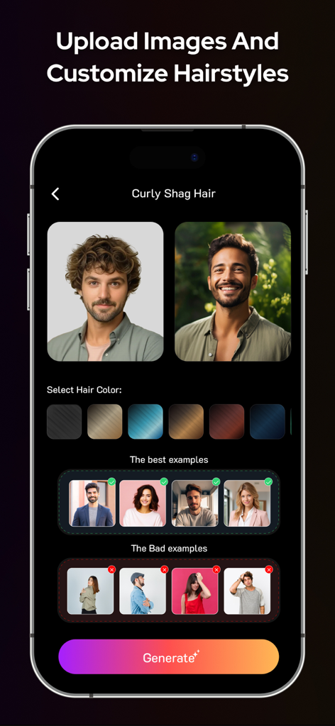 Interface do aplicativo móvel Hairstyle AI mostrando opções de personalização de cabelo cacheado e diretrizes de upload de fotos