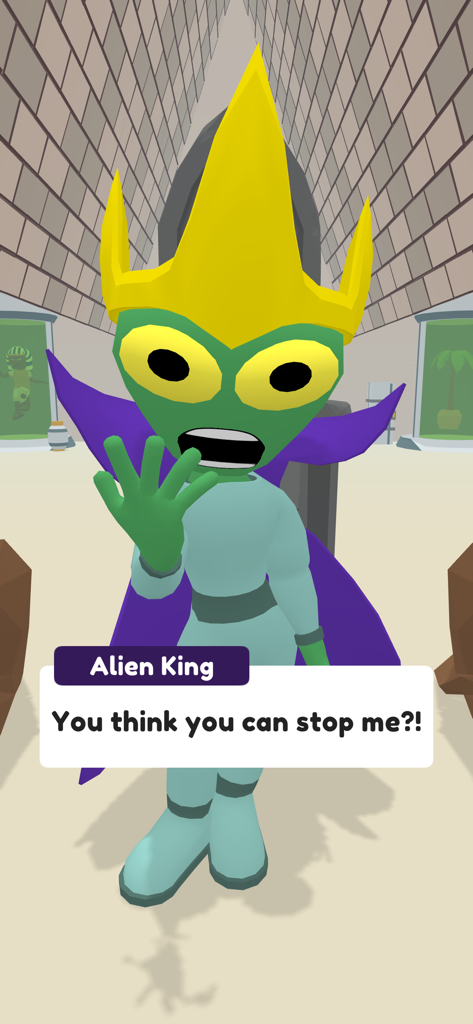 Find the Alien 2 - Alien King character from Find the Alien 2 game wearing a crown and cape with a dialogue box