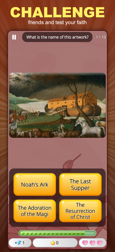 Bible Quiz: Trivia Game - Bible trivia game screen asking to identify a painting of Noah's Ark.