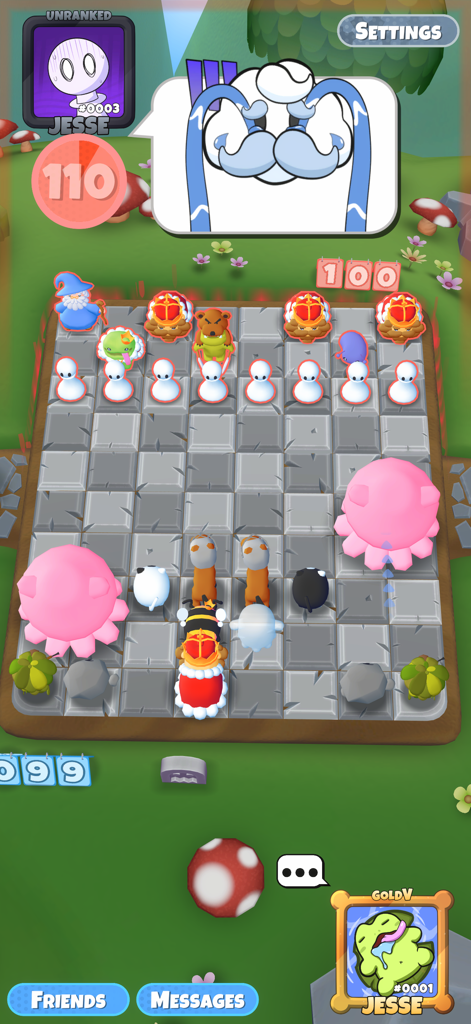 Chess Ultimate - Un tablero de ajedrez 3D en un vibrante campo verde con piezas de personajes animadas y peculiares y una interfaz colorida.