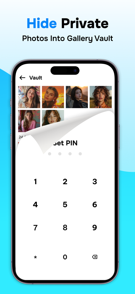 Gallery: Hide Photo Vault - Una pantalla de iPhone que muestra una superposición de teclado numérico PIN para proteger y ocultar fotos privadas en una bóveda de galería segura