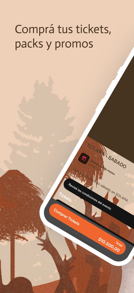 Solara - Screenshot of the Solara app interface for purchasing event tickets and promotional packs.