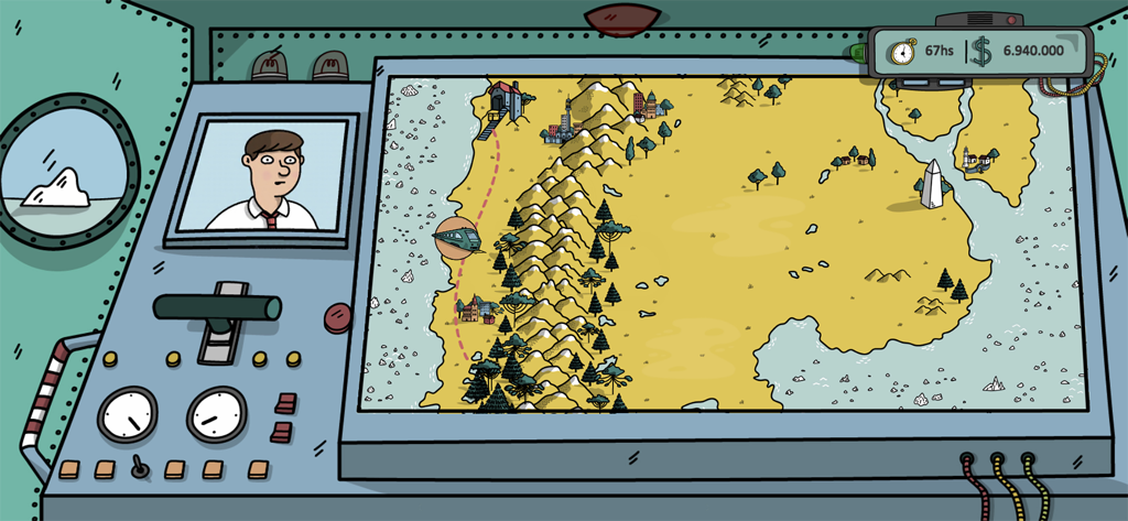 Nawaiam - Una interfaz de control de misión de dibujos animados en la aplicación Nawaiam que muestra un mapa mundial y el perfil de un avatar de personaje.