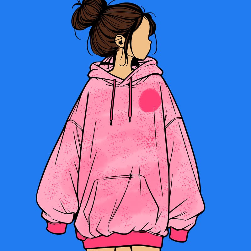 realistic girl with a oversized sweatshirt on and a bun