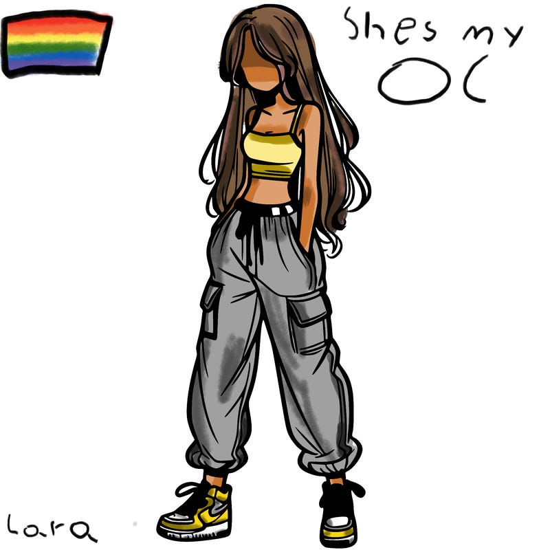 girl in baggy pants crop top and long hair