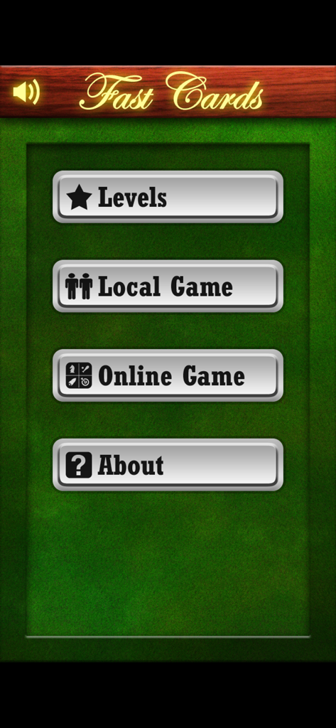 Menú principal de la aplicación de juego de cartas Fast Cards que muestra niveles y opciones multijugador