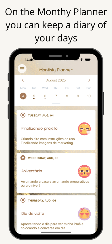 MyMind Diary - Vista del planificador mensual de la aplicación MyMind Diary mostrando entradas de diario diarias con emojis de estado de ánimo.