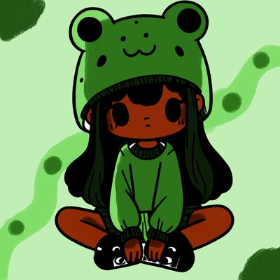 a girl wearing a frog hat and some frog socks