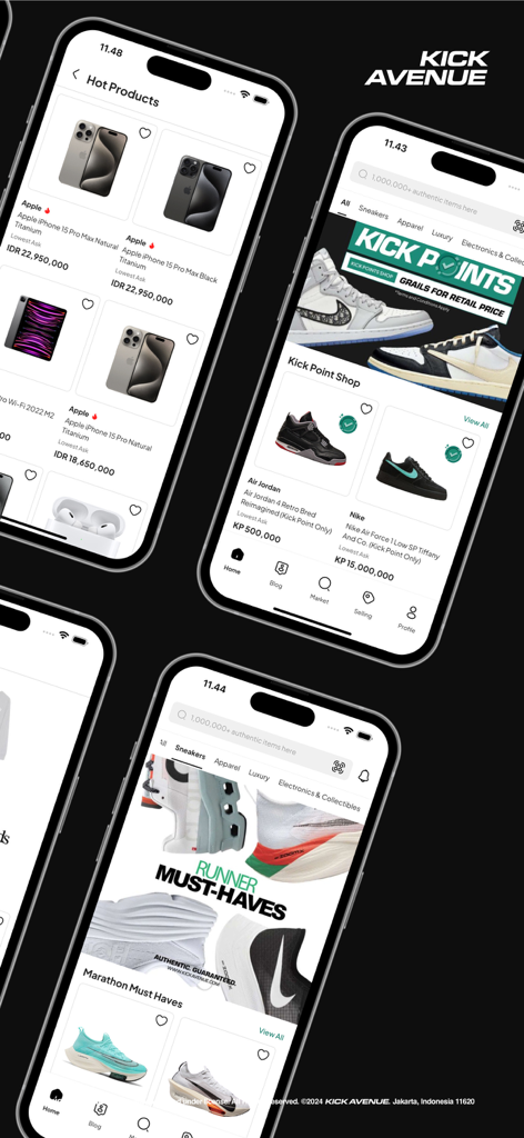 Screenshots der Kick Avenue App, die limitierte Sneaker und Luxuselektronik anzeigen