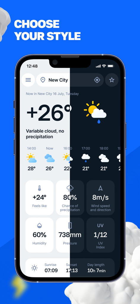 Meteoprog - Weather Forecast - Uno schermo di smartphone diviso verticalmente che mostra l'app meteo Meteoprog sia in modalità chiara che scura con metriche meteo dettagliate