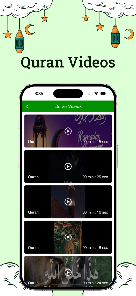Mobile app interface showing a list of short Quran videos with various Islamic thumbnails.