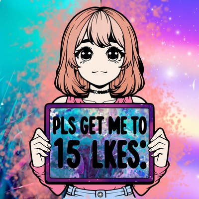 realistic girl holding up a sign that says “pls get me to 15 likes!”