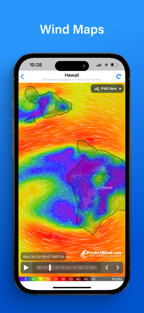 PredictWind — Marine Forecasts - PredictWind mobile app interface showing a high resolution color coded wind map of Hawaii